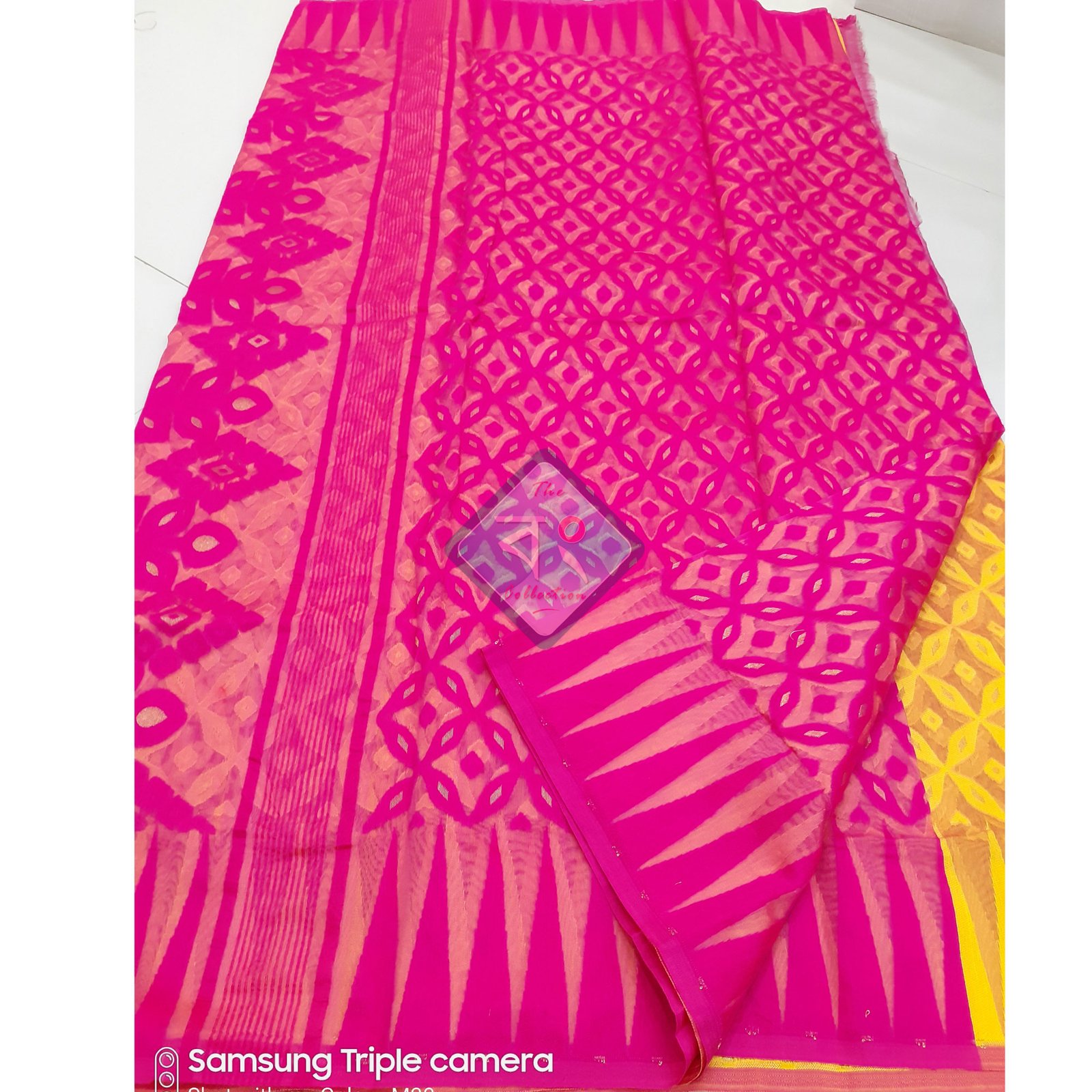 Minakari Dhakai Jamdani Saree Yellow And Hot Pink Half Half The Bong Collection